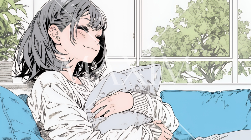 ソファでクッションを抱えてくつろぐ若い女性