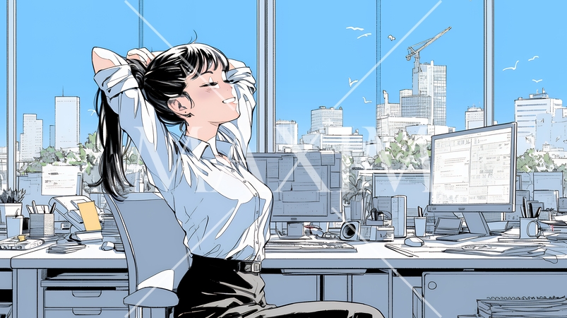 仕事の合間にストレッチ（伸び）をする女性