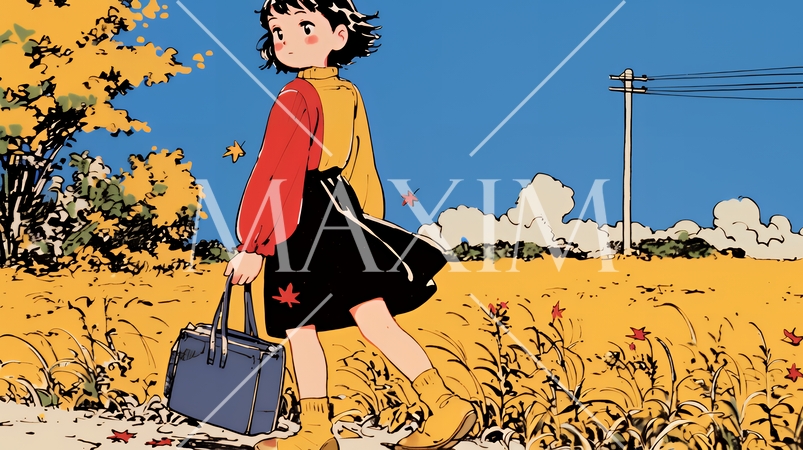 紅葉の小径を歩く少女