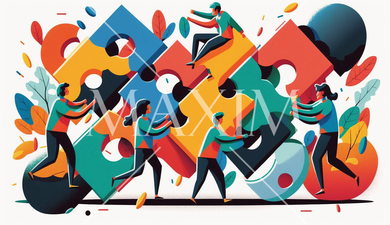 チームワーク：チームが協力してビジネスのプロジェクトに取り組む場面。