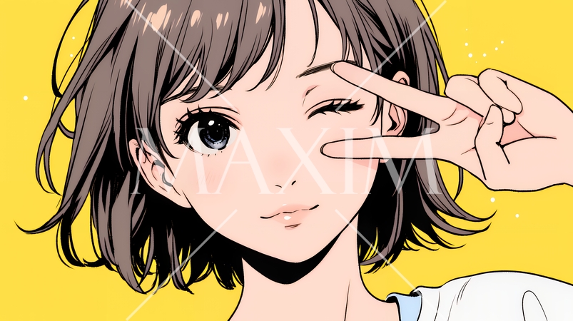 アイドルのように顔の横でピース＋ウィンクしている若い女性