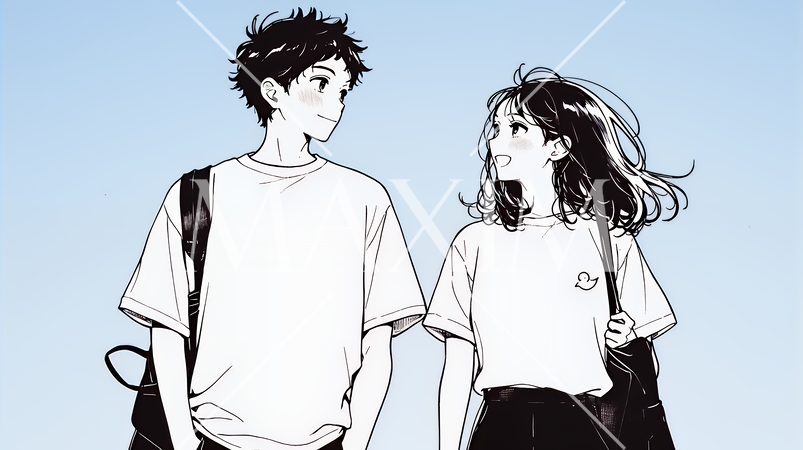 希望に満ちたライフスタイルを過ごす若いカップル：未来を見つめている（シンプルな色使い）