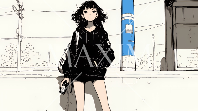 若い女性が佇む都市の街角（シンプルな色使い）