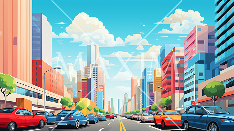 都心のビル街：ポップでカラフルな表現