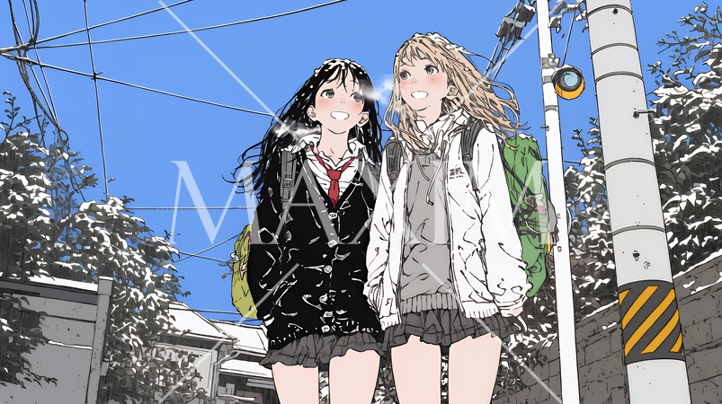 雪の日に友達と通学する女子高生