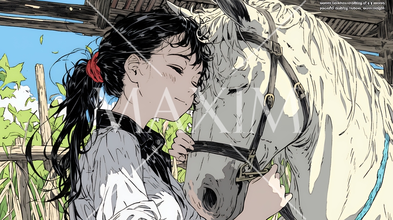 馬の世話をしている若い女性