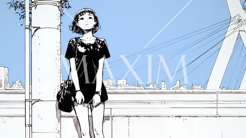 若い女性が佇む都市の街角（シンプルな色使い）