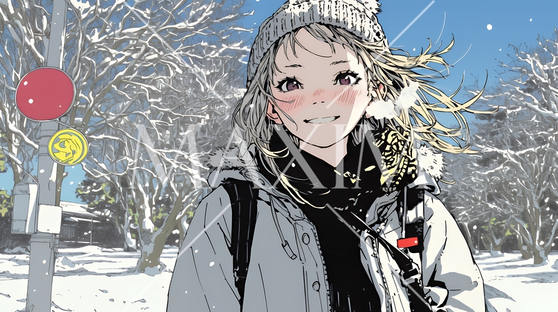 雪の日に通学する女子高生