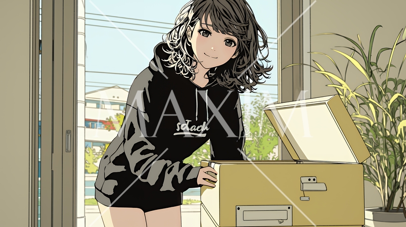 自宅で荷物と書類を整理中の女性