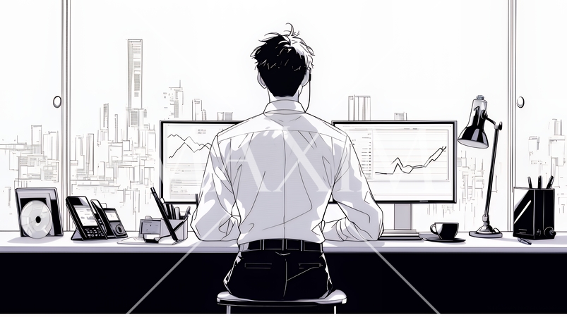 マーケティング・トレーディングデータなどの計量分析を行っている男性（シンプルな色使い）