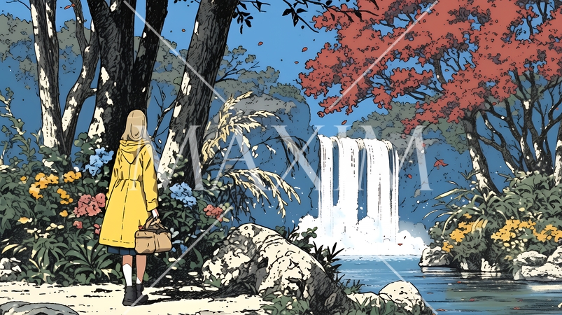 滝のある渓谷の紅葉