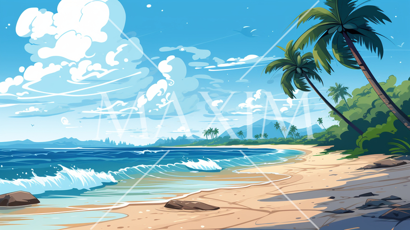 南国の島の浜辺と青い空のイラスト