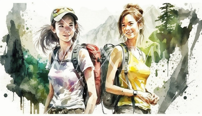 山にハイキングに来ている仲の良い若い女友達：水彩画