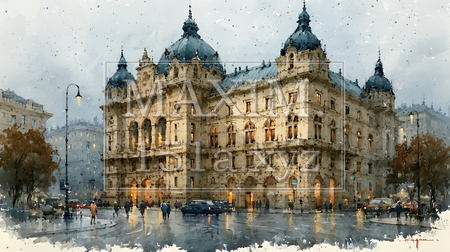 ウィーン（オーストリア）の街並みを描いた水彩画風イラスト｜ヨーロッパの美しい風景（想像）（イラストID:2486199-17990）