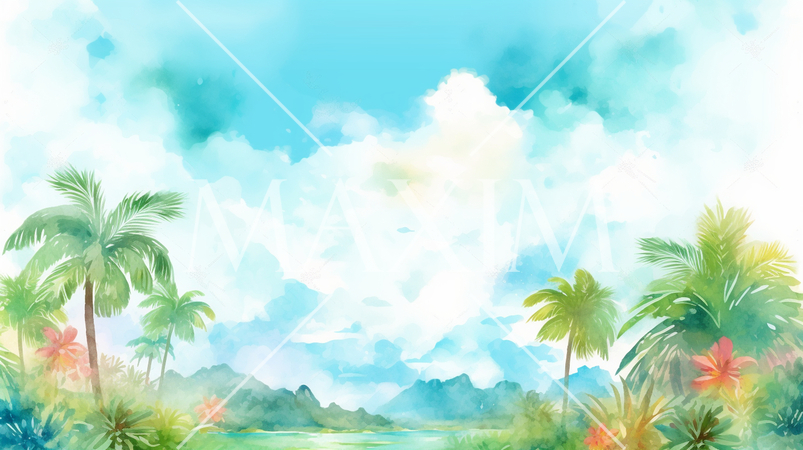 南国の空の背景イメージ-水彩画