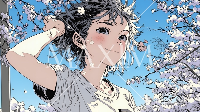 満開の桜の下、春風に乱れた髪を整える若い女性