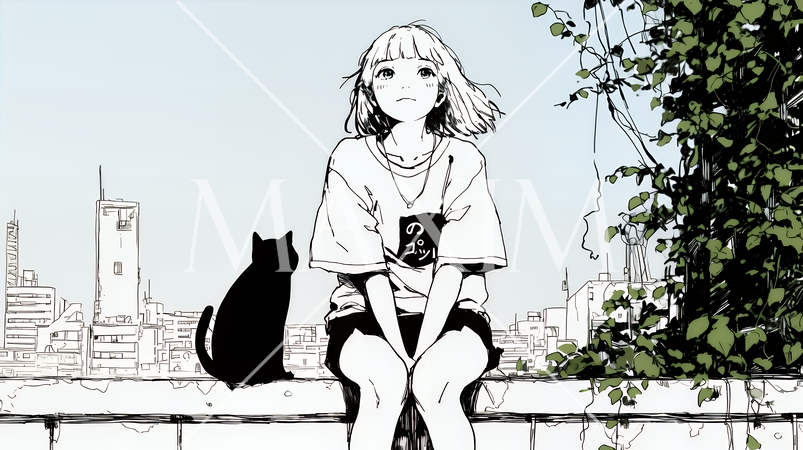 若い女性が佇む都市の街角（シンプルな色使い）