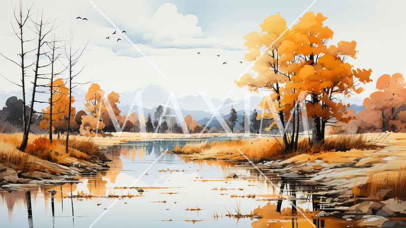 木々の紅葉が水面に映る美しい水辺の風景：水彩画