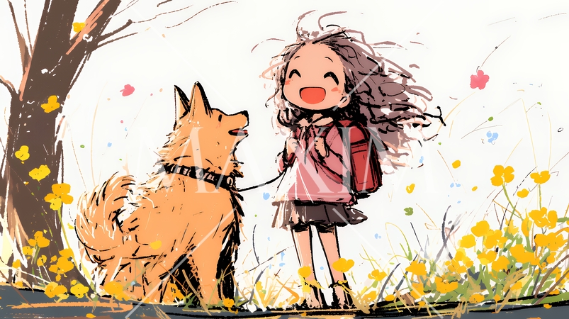 愛犬と散歩をしている女の子（クレヨン＋水彩画風）