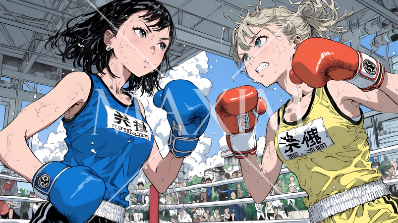 ボクシング試合：若い女性ボクサー同士のの試合
