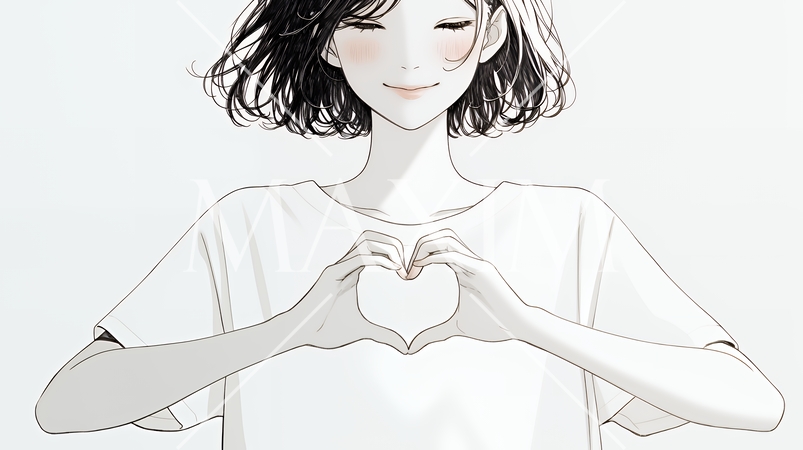 ハートマークを手で作り愛情表現をしている若い女性（シンプルな色使い）