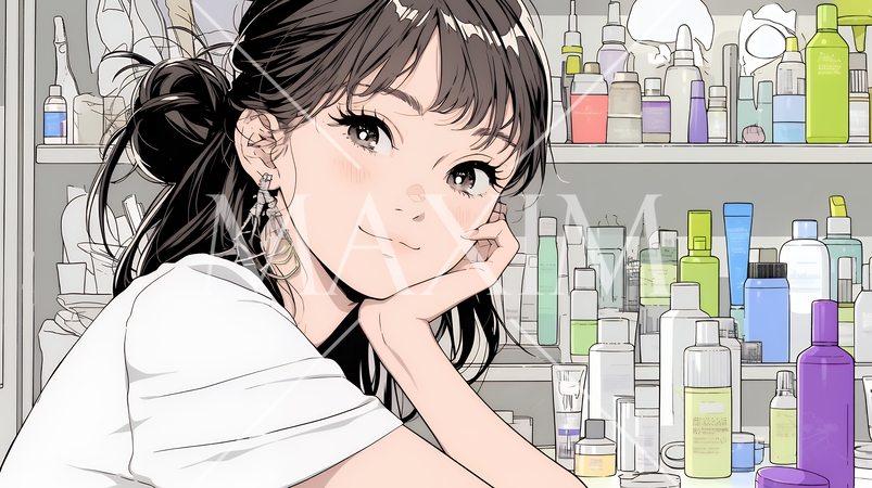 ドラッグストアでコスメを選ぶ若い女性