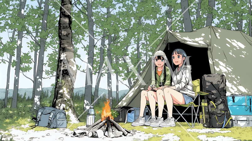 女友達と一緒にテントキャンプを楽しむ若い女性