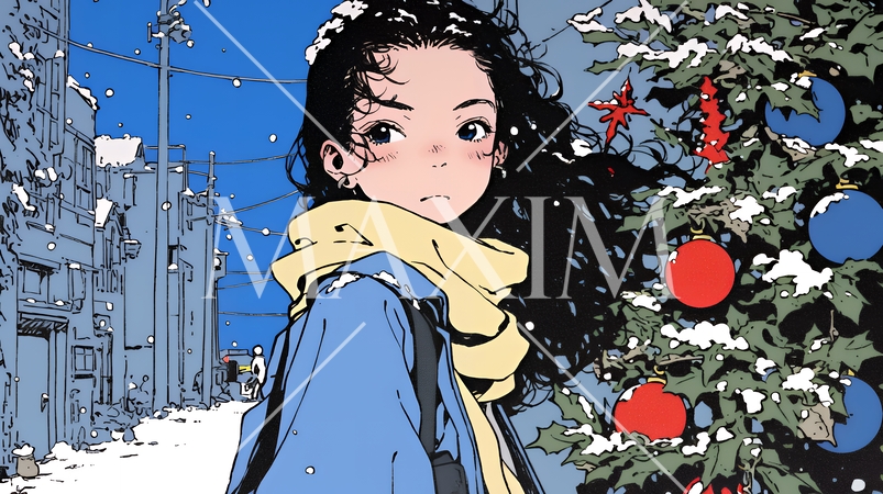 ホワイトクリスマスの街を歩く若い女性