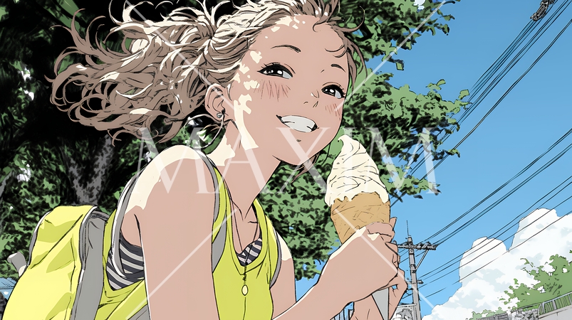 夏空の下でソフトクリーム（コーンに乗ったアイスクリーム）をたべる若い女性