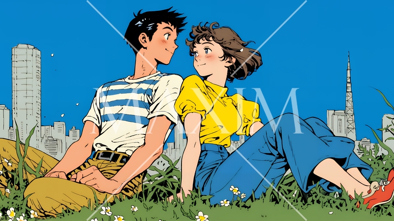 新緑の芝生が広がる都会の公園でくつろぐ若い男女