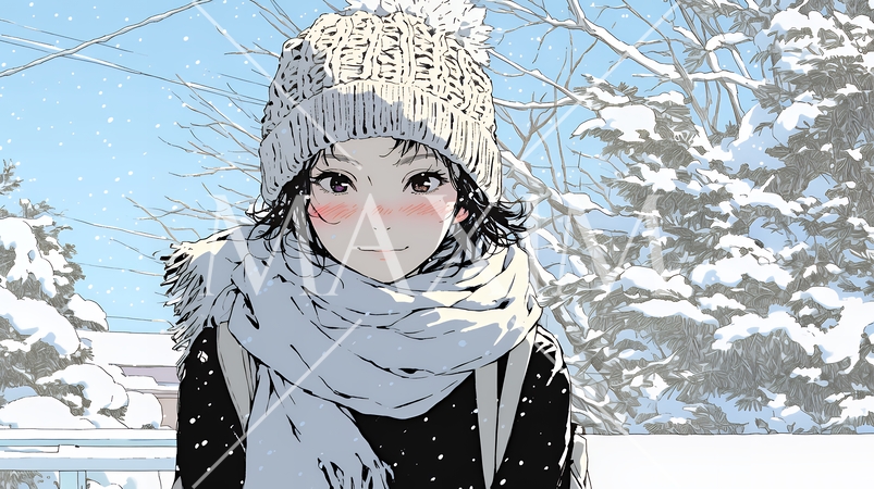 雪の積もる田舎道を歩いている若い女性