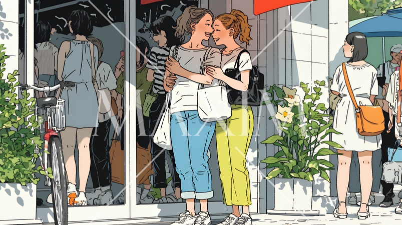 道端で会話を楽しむ若い主婦たち（ママ友たち）