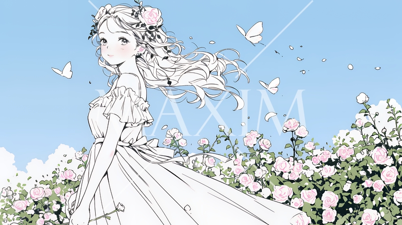 バラ園を散策している若い女性（シンプルな色使い）