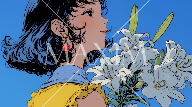 ユリの花と若い女性