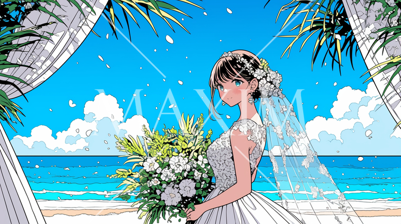 海辺で結婚式を挙げている若い花嫁