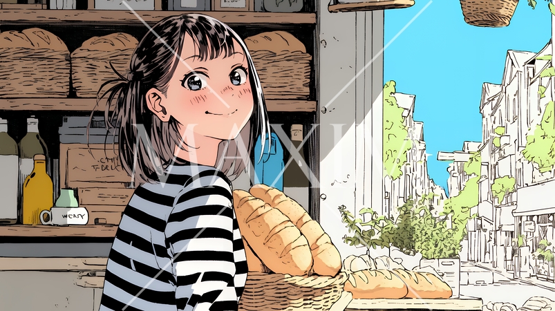 近所のパン屋で焼きたてパンを買う若い女性