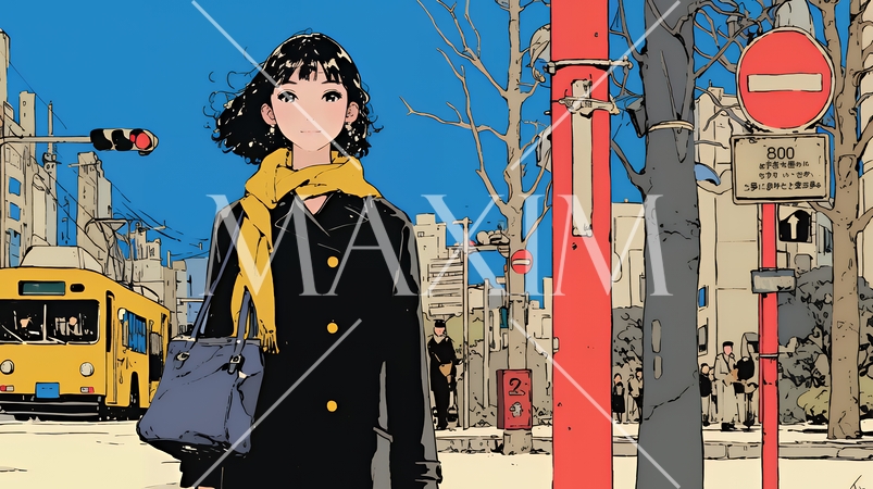 冬枯れの街を歩く若い女性