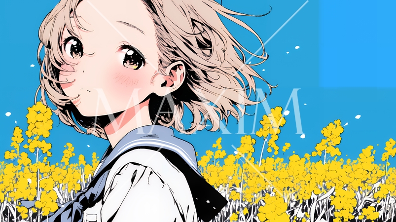 春風の中、菜の花畑にいる制服姿の女子高生