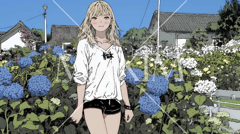 あじさいとカジュアルな服装の若い女性