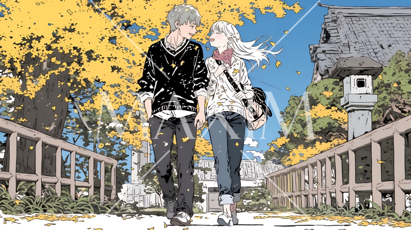 紅葉の小径を歩く若いカップル