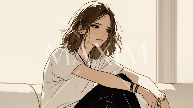 腹痛（生理痛）に苦しむ若い女性（シンプルな色使い）