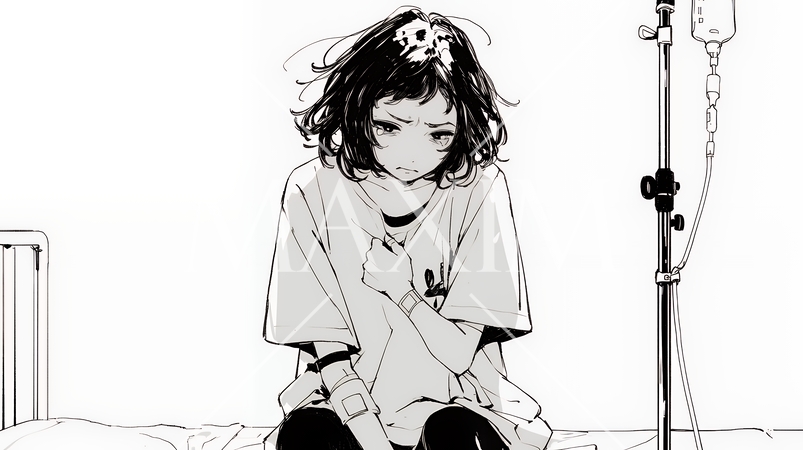 病院のベッドに腰掛けて気落ちしている女性（シンプルな色使い）