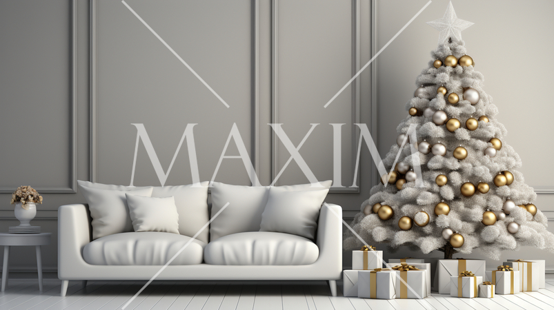 クリスマスツリー飾りのある白基調の居間