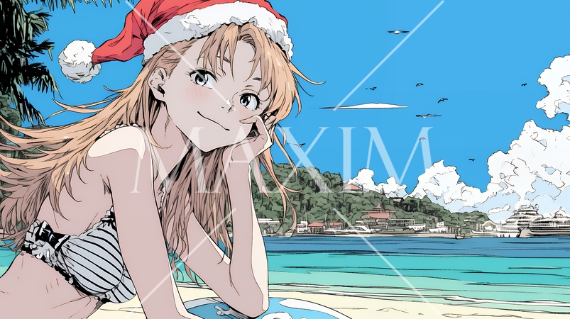 真夏（南半球）のビーチで活動中の女性のサンタクロース