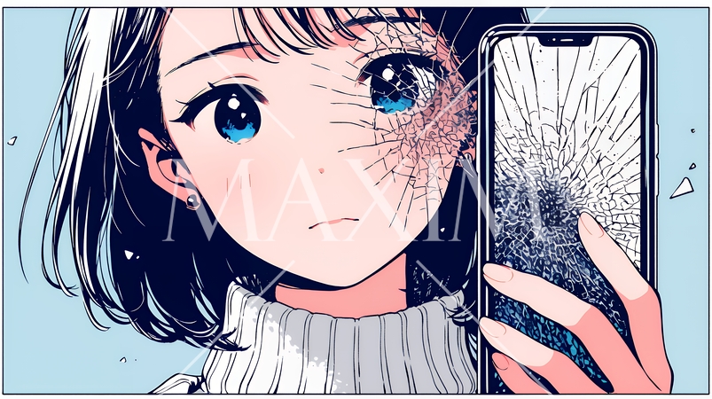 画面が壊れたスマホを手に持つ若い女性