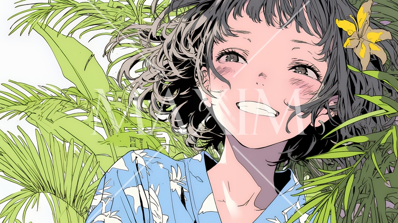 沖縄のかりゆしファッションを着て笑顔いっぱいの若い女性