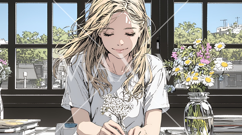 おもてなし（優しい心遣い）：来客のために花瓶に花を生ける若い女性