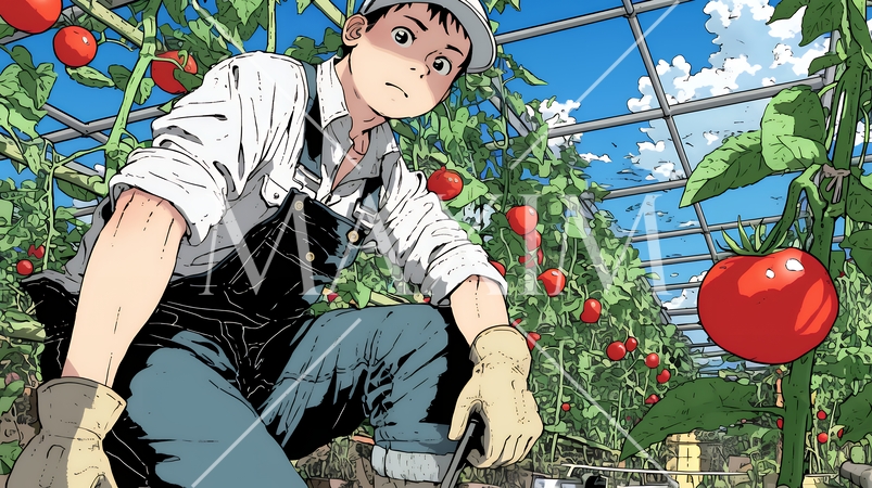 ビニールハウスでトマトの収穫をする農家の人