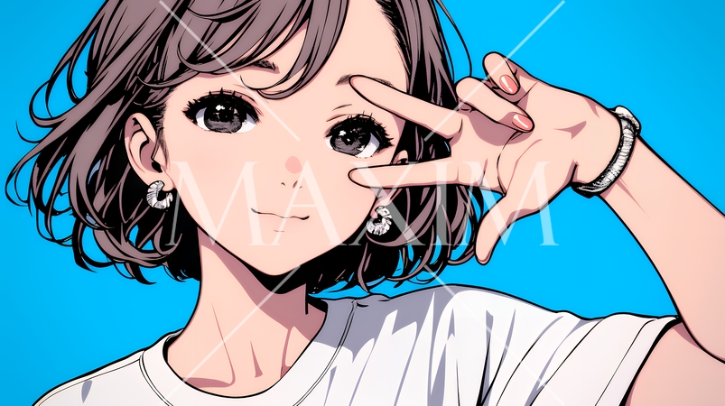 笑顔でピースサインを見せる若い女性