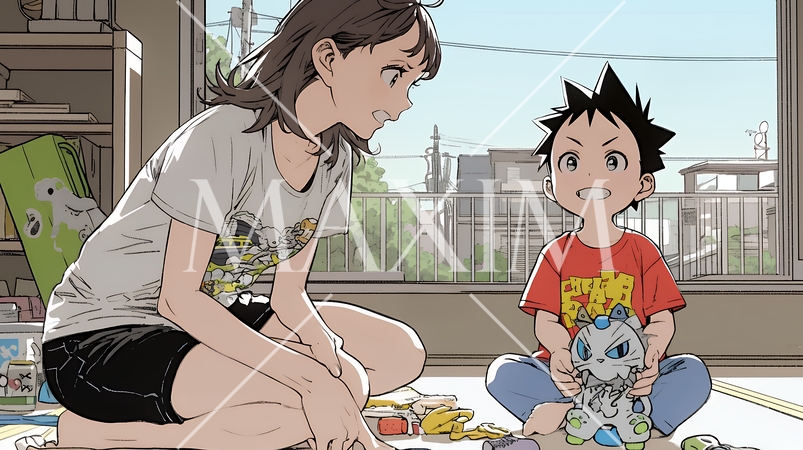 家の中で子どもと遊んでいる若い母親